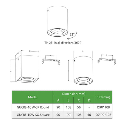 Crest SQ/SR 90 IP54 Black/White 10W Directional LED Surface Mounted Spot Light