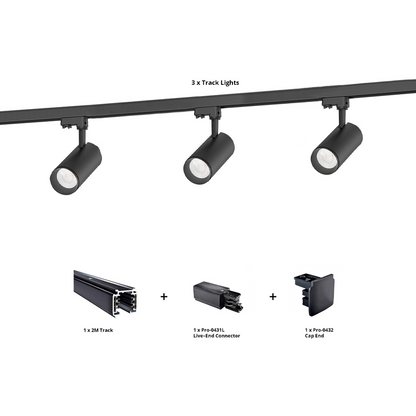 Cusp 02 Black "3-Track Light kit" (3*10W Ø65*249mm Directional LED Track Light+2m Track Bar+Alive Head+End Cap)