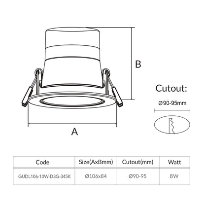 DL106 Gimbal White 10W Trio Colour Directional LED Deep Recessed Downlight (4/6/8 Units Pack Options)