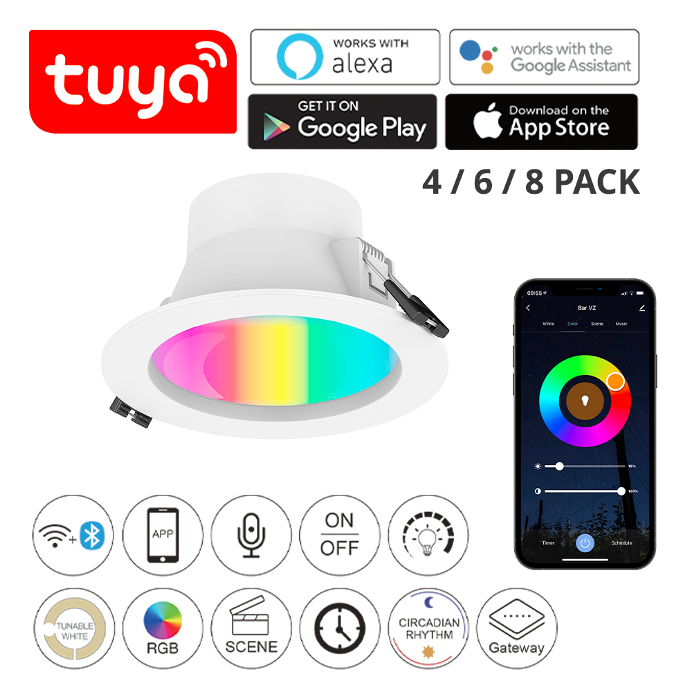 ECO Smart RGB + 2700K - 6500K Tuya WiFi+Bluetooth Wireless Control White 9W Ø115*60mm Cutout: Ø90-95mm LED Recessed Downlight (4/6/8 Units Pack Options)