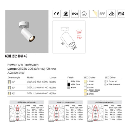 DL1212 Black 10W/15W Adjustable LED Surface Mounted Downlight