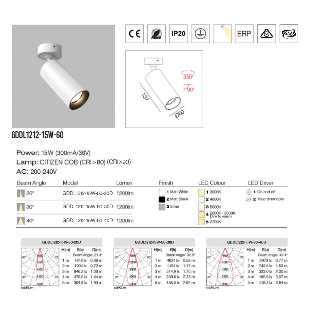 DL1212 Black 10W/15W Adjustable LED Surface Mounted Downlight