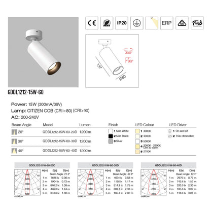 DL1212 Black 10W/15W Adjustable LED Surface Mounted Downlight