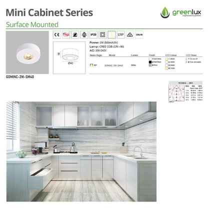 Mini Cabinet Series White Ø40*18mm 2W LED Surface Mounted Downlight (6pcs/Pack x 1 Driver)