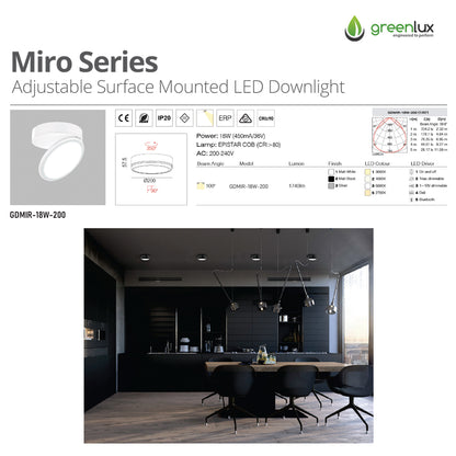 Miro White 10W/18W Directional LED Surface Mounted Downlight (350° Horizontal Rotation, 90° Tilt)