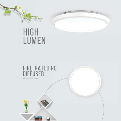 Slim 01 IP54 White Ø250/300/350mm LED Round Oyster Ceiling Mounted Light (Sensor & Dimming Options, Trio Colours OR Single Colour Options)