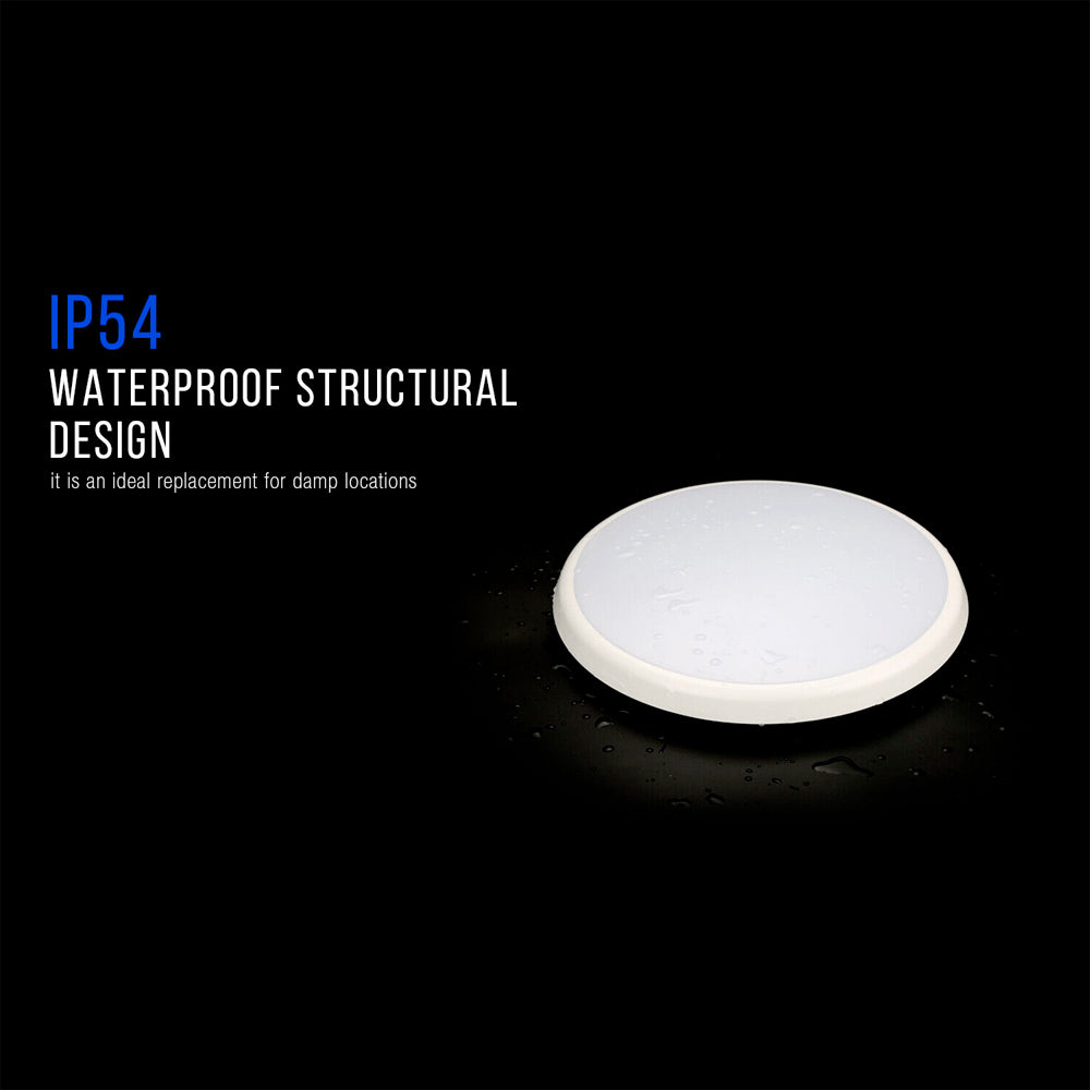 Slim 01 IP54 White Ø250/300/350mm LED Round Oyster Ceiling Mounted Light (Sensor & Dimming Options, Trio Colours OR Single Colour Options)