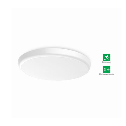 Slim 01 IP54 White Ø250/300/350mm LED Round Oyster Ceiling Mounted Light (Sensor & Dimming Options, Trio Colours OR Single Colour Options)