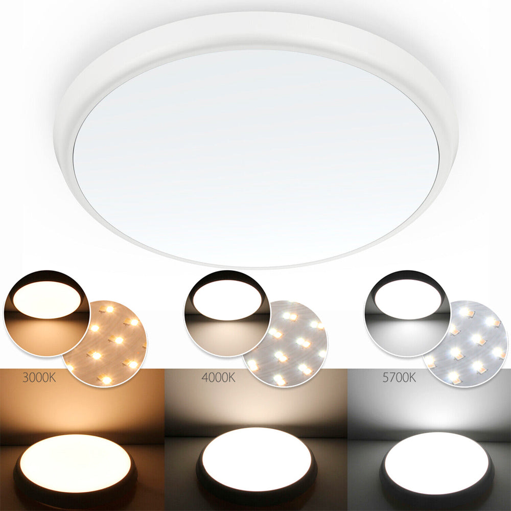 Slim 01 IP54 White Ø250/300/350mm LED Round Oyster Ceiling Mounted Light (Sensor & Dimming Options, Trio Colours OR Single Colour Options)