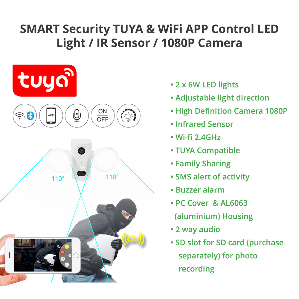 SMART Security TUYA & WiFi APP Control 2*6W LED Light / IR Sensor / 1080P Camera