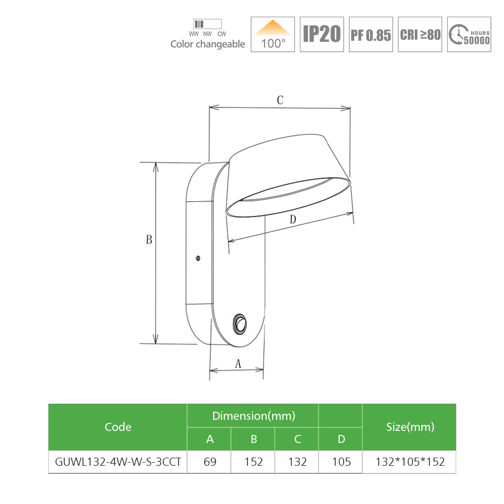 WL132 White 4W 132*69*152mm Indoor LED Wall Light/Bedside Wall Light - 180º Rotation, Trio Colours (3000K+4000K+5700K)