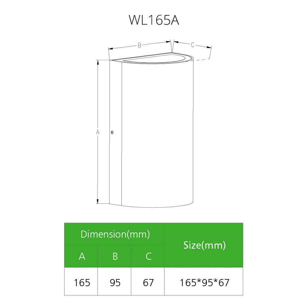 WL165A Semi-circle Outdoor IP65 Black 1*5W Downward/2*8W Up&Down 95*67*165mm LED Wall Light (3000K)