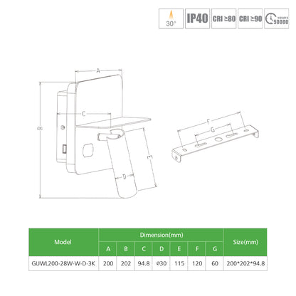 WL200 White 200*202*94.8mm 28W LED Bedside Wall Light with Phone Shelf, USB, Touch Switch & Touch Dimming